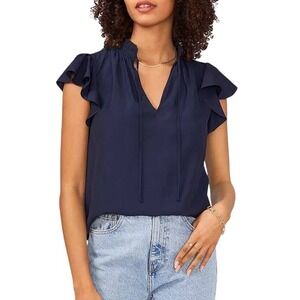1.STATE Flutter Sleeve Split Neck Blouse Womens L Navy Blue Ruffle Tie NWT